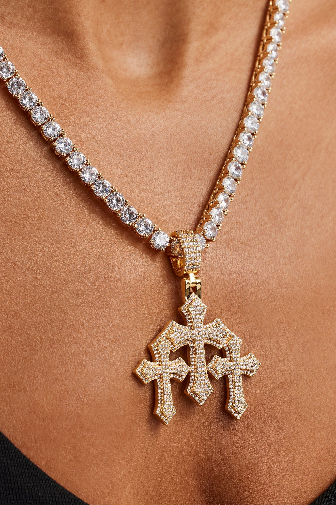 Women's Triple Cross Pendant & 5mm Tennis Chain - Gold